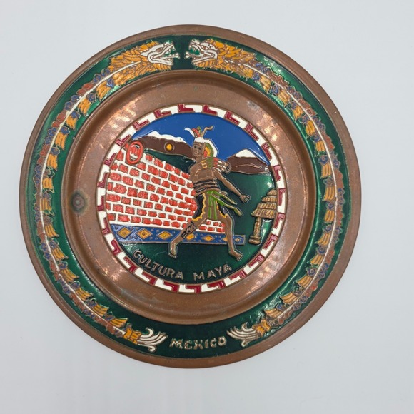 Other - Vintage Mexico Copper/Brass Enamel Aztec Cultura Maya Plate 8" Patina